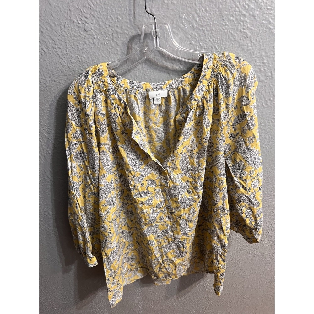 J Jill Womens Yellow Paisley Floral Button Front Shirt Size Medium Tall